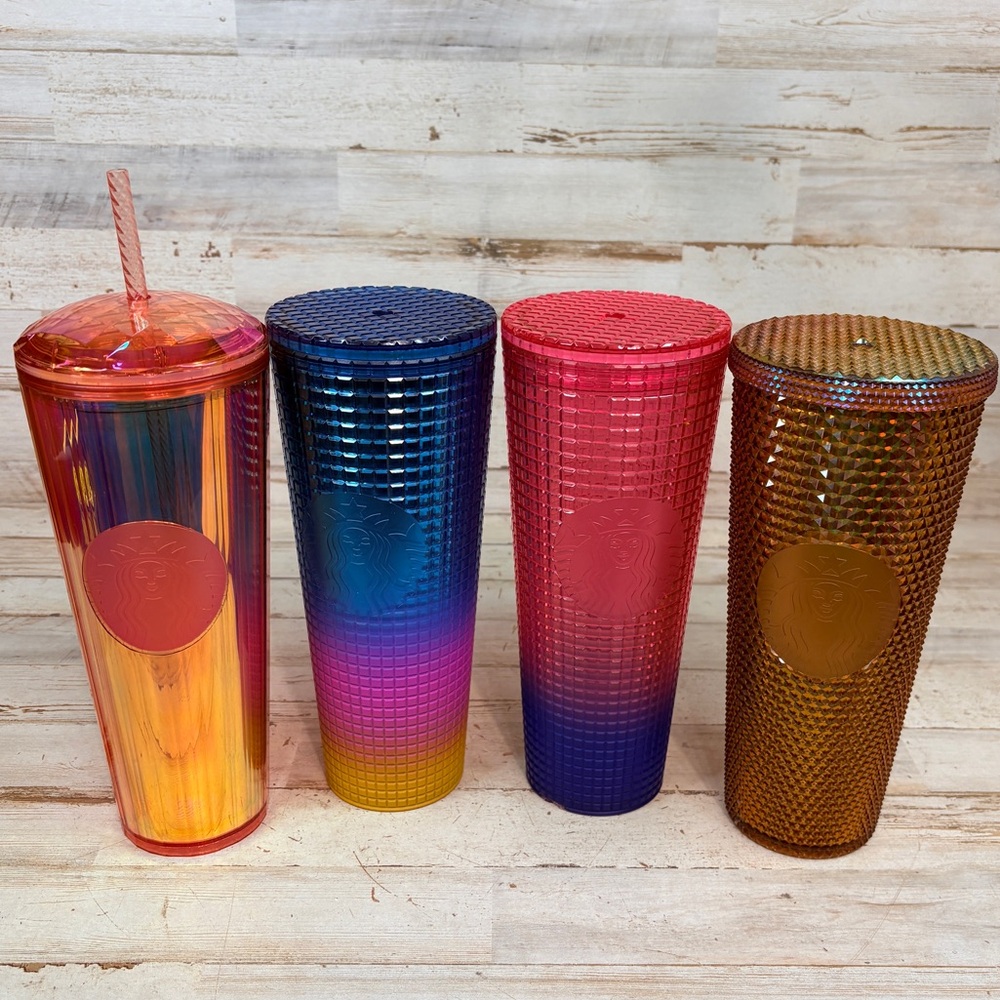 Lot Of 4 Starbucks 24 oz Cups Studded Waffle Iridescent Tumbler Bronze Gold Cup